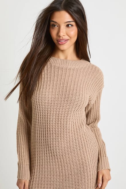 boohoo Dames Crew Neck Jumper Dress | Tan | Maat: Small/Medium