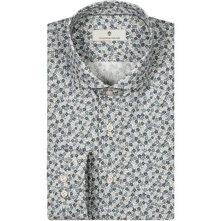 Thomas Maine Overhemd Allover Small Flower Pattern Roma Modern Kent Blauw-Grijs-Wit / male