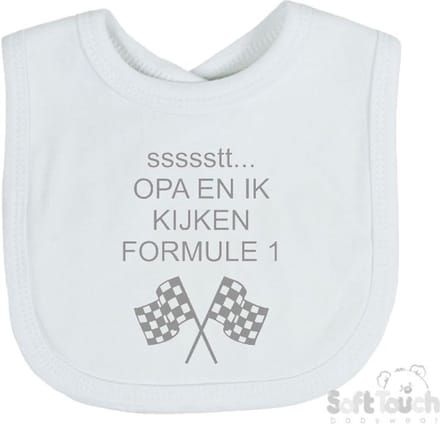 Soft Touch Slabber Slabbetje Slab "Opa en ik kijken Formule 1" Formule 1 33 x 22 Cm Katoen Wit/grijs
