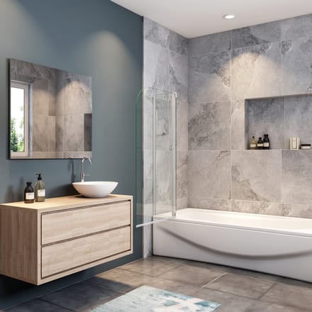 Aica Badwand 100x140cm-Vast Paneel+Draaibaar Glas-Met Steunstang 4mm Gehard Glas-Grijs Frame