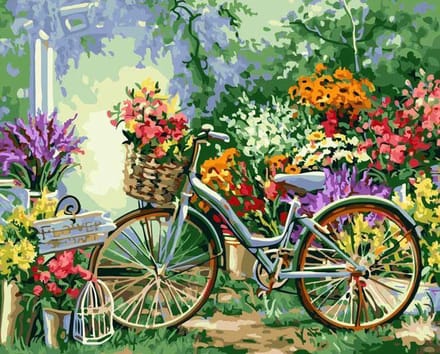 Paint By Numbers Fiets in Bloementuin - Schilderen op Nummer - 50x40cm - Volwassenen - Stipco