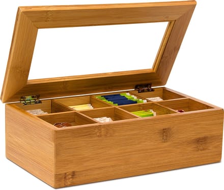 theedoos bamboe - 9 x 28 x 16 cm - 8 vakken - transparante deksel