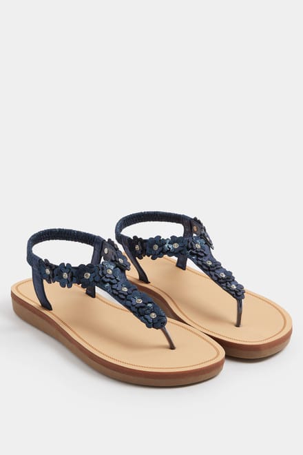 Yours Marineblauwe Sandalen Met Bloemdetails En Strass In Brede Epasvormsize 42E