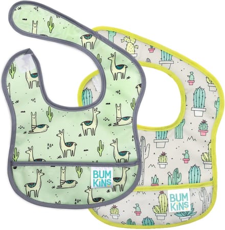 Bumkins Starter Bib - Waterdichte Slabbetjes voor Baby - Set van 2 - Kleine Eetslab voor Eerste Hapjes - Met Klittenband - Knoeislab - Machinewasbaar - Cacti & Llamas - Cactussen en Lama's - Grijs Mint - 3-9 maanden