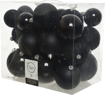 Decoris Kerstballen - 26x st - zwart - 6-8-10 cm - kunststof - kerstversiering