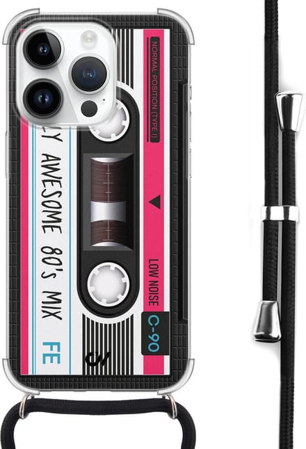 Casevibes - Telefoonhoesje met koord - Geschikt voor Apple iPhone 14 Pro - Cassette - Grijs -