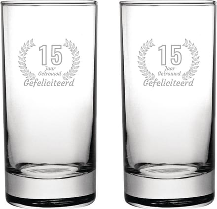 Gegraveerde set Longdrinkglazen 28,5cl Gefeliciteerd 15 jaar getrouwd