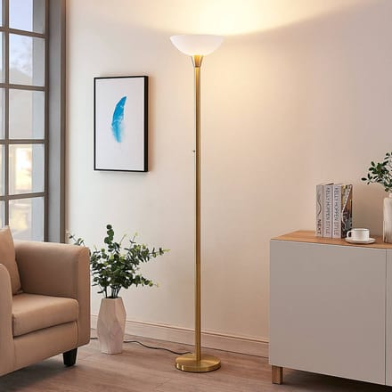 Lindby - vloerlamp - 1licht - Metaal, glas - H: 180 cm - E27 - mat messing, wit