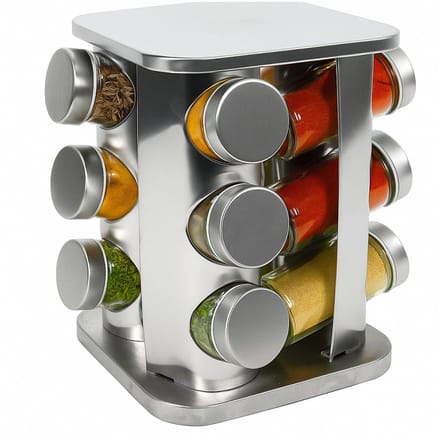 Cookinglife Kruidencarrousel - Specerijenrek - Kruidenhouder - Kruidendoos - Serving Tower - Kruidenrek van RVS en Glas - Zilver - Vaatwasserbestendig - 12-Delig