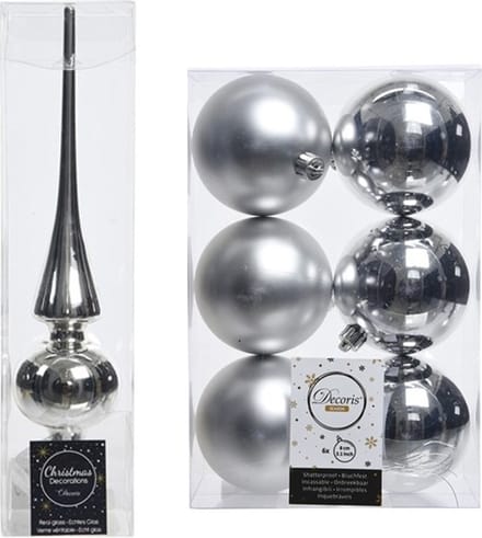 Kerstboom decoratie zilver piek en 6x kerstballen 8 cm