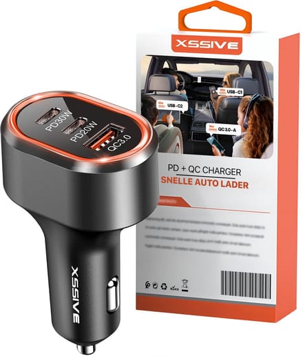 Xssive - Autolader 50W - 3 Poorten Snellader met Dubbele USB-C (30W PD) - Auto Oplader 12V/24V - USB Lader Auto