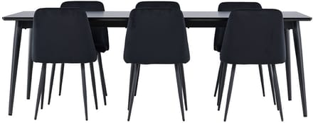 Ellis eethoek tafel 85x230cm en 6 velours stoelen zwart.