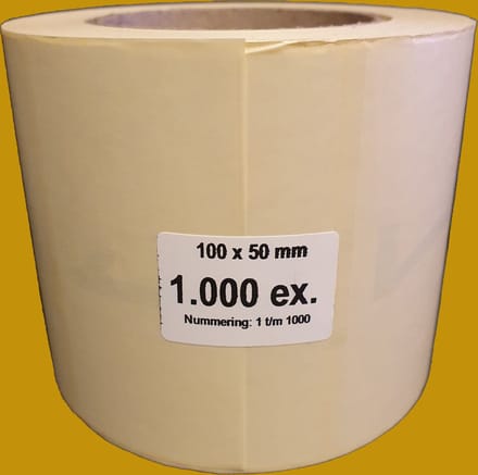 Genummerde etiketten op rol, 100 x 50 mm, mat wit papier / 0001 t/m 1000