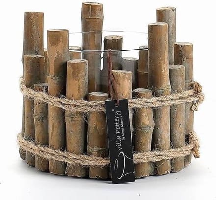 Pot Nepal bruin 18x16 cm Beton Bamboe Oosterse stijl met Windlicht Glas