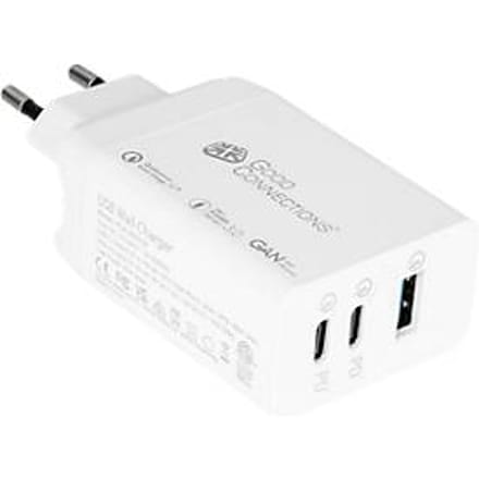 USB snellader Good Connections, met GaN technologie, 3-poorts met 2 x USB-C + 1 x USB-A, vermogen 65 W, wit