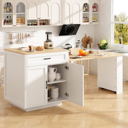 MODENUIT Bartafel - Uitschuifbaar Met Lade, Vakken, Wielen - Voor Keuken En Eethoek - MDF - Wit - 133-202x70x93,5 Cm