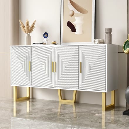 Wishdor - Dressoir Met 4 Deuren - Hoogglans Structuurfronten - Verstelbare Planken - MDF En Spaanplaat - Wit - 150 X 40 X 82 Cm