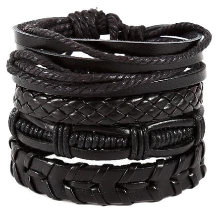 Fako Bijoux® - Leren Armband - Leder - Set Emilio - 4 Stuks - Zwart