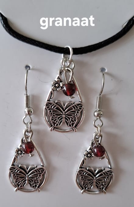 Set Granaat Ketting / Oorbellen Waterdruppel / Vlinder