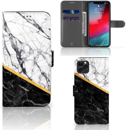 Apple iPhone 11 Pro Max Bookcase Marmer Wit Zwart - Origineel Cadeau Man