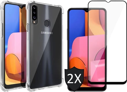 Hoesje geschikt voor Samsung Galaxy A20s - 2x Screen Protector FullGuard - Back Cover Case ShockGuard Transparant & Screenprotector