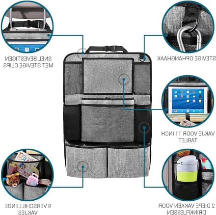 Car Seat Organizer - Car Organizer for Kids - With iPad Holder - Grey