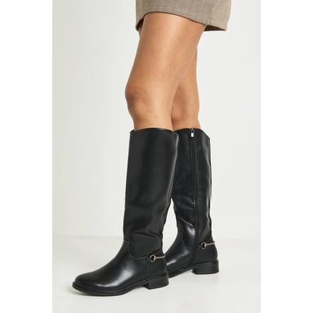 boohoo Dames Robuuste hardware details kniehoge platte laarzen | Black | Maat: 4