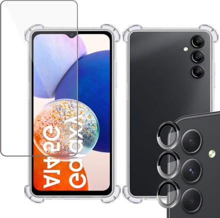 Hoesje geschikt voor Samsung A14 Shockproof + Screenprotector + Camera Beschermglas – Gehard Glas Cover