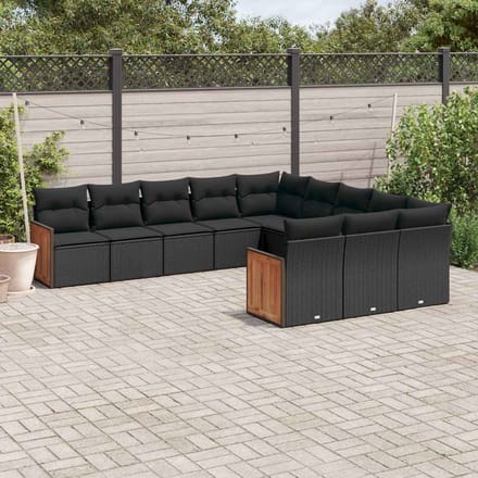 vidaXL - 11-delige - Loungeset - met - kussens - poly - rattan - zwart