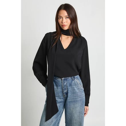 boohoo Dames Sjaaldetail gerimpelde chiffonblouse | Black | Maat: 6