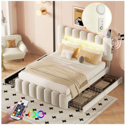 Gestoffeerd bed - MUVOE - 140 x 200 cm - Beige - 4 lades - USB en LED-strip stereo beige