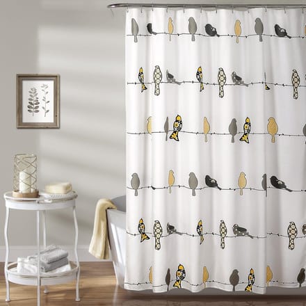 Famanu - Vogels douchegordijn 183x183 cm, geel-grijs, waterdicht textiel