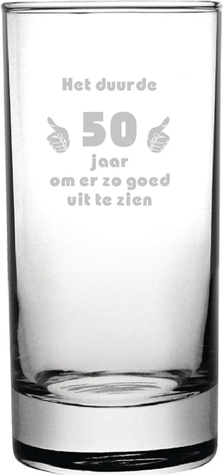 Gegraveerde longdrinkglas 28,5cl Het duurde 50 jaar om er zo goed uit te zien