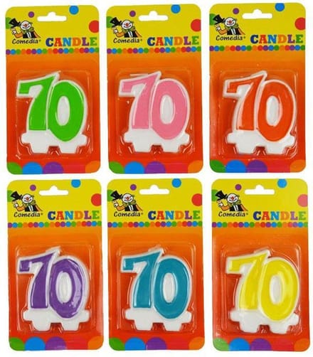 Verjaardagskaars cijfer 70 oranje-wit/roze-wit