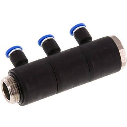 4mm x G3/8'' 3-way Manifold Messing/PA 66 Insteekfitting Buitendraad Draaibaar NBR