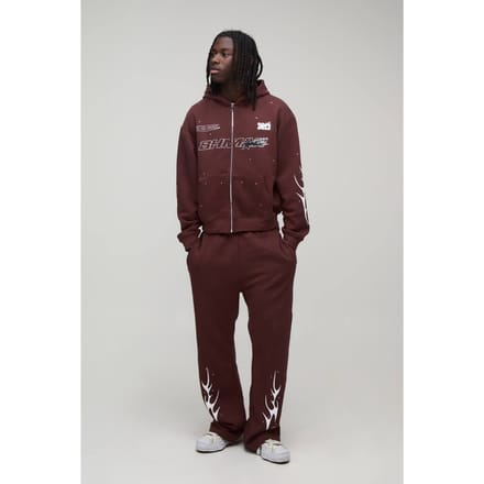 Oversized Boxy Trainingspak Met Strass Steentjes En Moto Ritssluiting | Chocolate | Size Large
