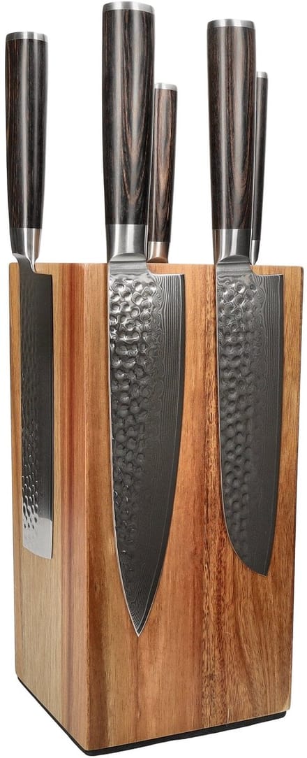 Shinrai Knives - Hammered Damast BR 5-delige Messenset + Messenblok Rotate