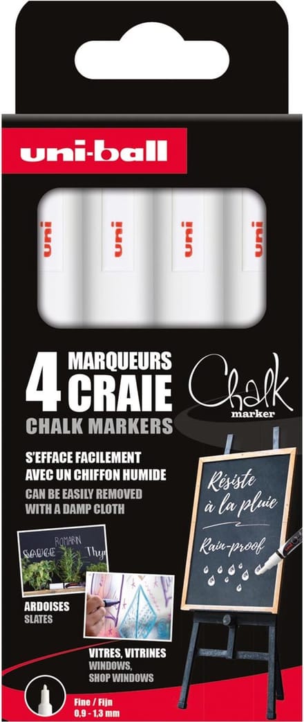 Uni-ball - Chalk PWE-3MS - krijtmarker - fijne punt - wit - set 4 stuks