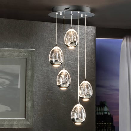 Schuller Valencia Hanglamp Rocio, 5-lamps, rond, metaal, glas, chroom