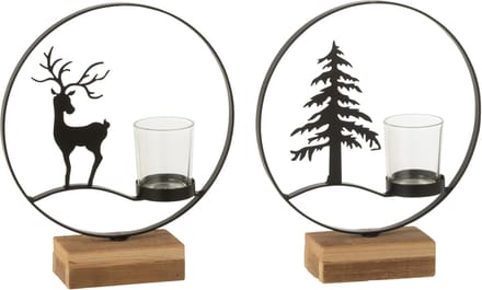 J-Line theelichthouder Rond - hout - zwart/naturel - 2 stuks