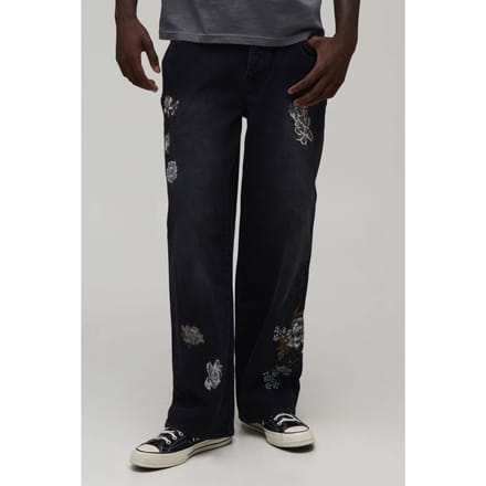 Mono Bloemen Relaxed Fit Jeans | Washed Black | Size 34R