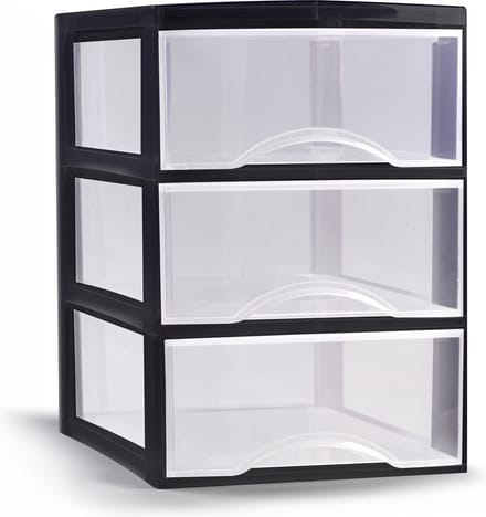 Plasticforte Ladeblokje/bureau organizer met 3x lades - transparant/zwart - L26 x B36 x H37 cm