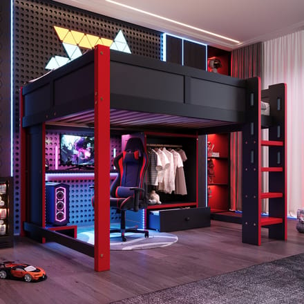 Hoogslaper - 140x200 cm - Gaming Design met Bureau en Kledingkast - Zwart/Rood