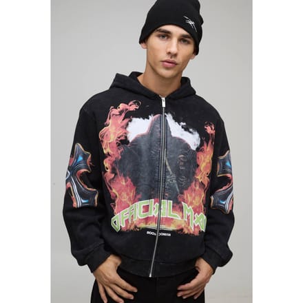 Oversized Boxy Acid Wash Gothic Graphic Zip Through Hoodie | Black | Size Medium