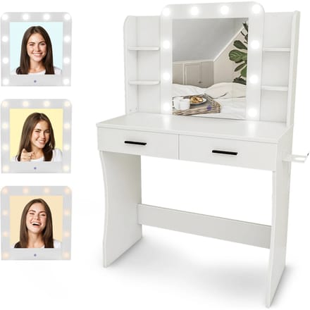 Kaptafel met Spiegel en LED verlichting - 85x40x131cm - Wit - Ingebouwde Stopcontact