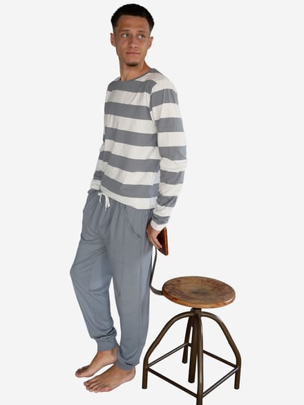 Phil & Co Heren Pyjama Set Lang Grijs Gestreept - Maat XXL