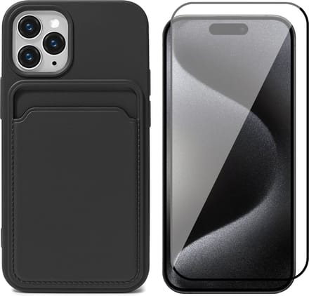 Hoesje Pasjeshouder geschikt voor iPhone 15 Pro Max - Screenprotector FullGuard - Siliconen Case Back Cover Zwart & Screen Protector