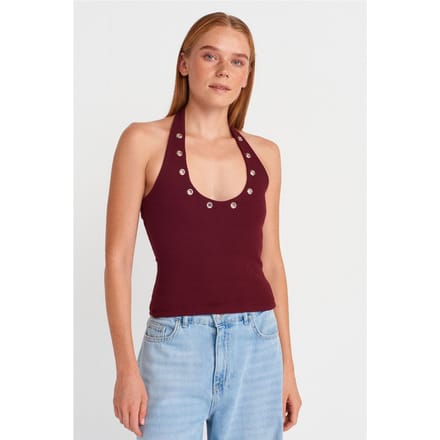 Korte Halternek Geribbelde Blouse Met Steen Detail