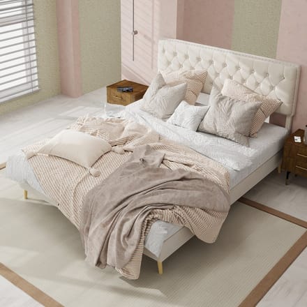 REDOM Bedframe 140x200 cm – Met hoog hoofdbord met nageldetails – Beige (fluweel)