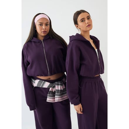 Dames DSGN Studio Badstof Applique Boxy Hoodie met Rits | Aubergine | Maat: Medium